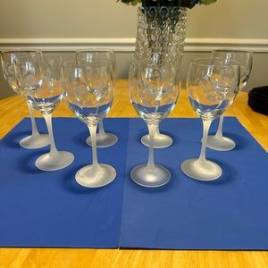 Vintage Avon etched hummingbird wine glasses. Eight glasses with frosted stems.